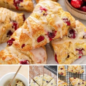 Cranberry orange scones are prepared on a baking sheet and served with glaze.