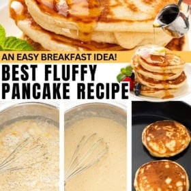 Easy pancake recipe prepared in a skillet and served with syrup and butter.