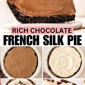 French silk pie is assembled with an Oreo crust, chocolate filling, and whipped topping.