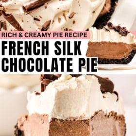 Chocolate silk pie is topped with fluffy whipped cream and chocolate shavings.