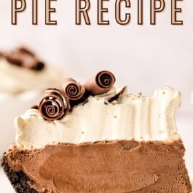 A slice of chocolate silk pie placed on a small white plate.