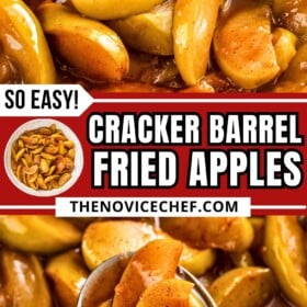 A bowl of fried apples and a spoonful of apples in a sweet cinnamon and brown sugar sauce being lifted out of a bowl.