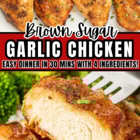 Four garlic brown sugar chicken breasts on a serving platter and a fork lifting up a single bite.