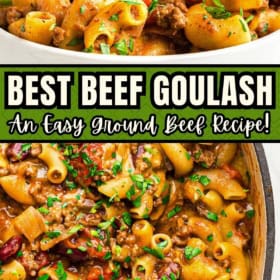 The best beef goulash prepared in a large white pot.