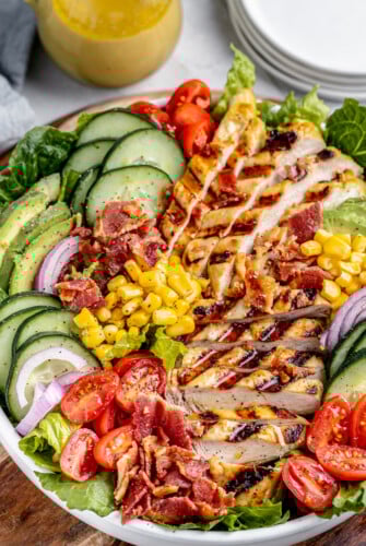 Overhead shot of salad with chicken.