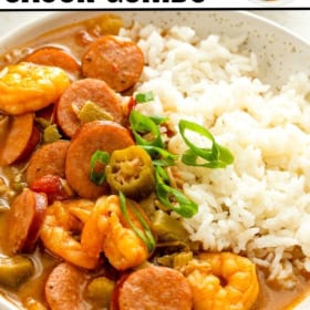 Chopped green onions are sprinkled on top of a portion of seafood gumbo and white rice.