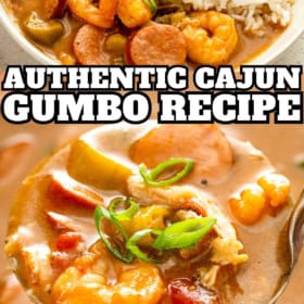 Authentic cajun gumbo is presented in a single white bowl.
