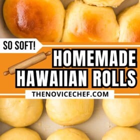 Soft and buttery Hawaiian rolls baked in a baking dish and yeast dough balls being brushed with melted butter.
