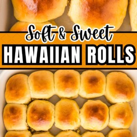 Hawaiian sweet rolls in a baking dish.