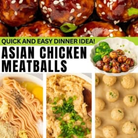 Chicken meatball mixture in a bowl, then rolled into meatballs, baked, and coated in asian sauce.
