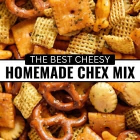 A close-up of homemade Chex mix recipe featuring pretzels, cheese crackers, Chex cereal, peanuts, and round crackers.