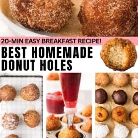 Collage showing donut holes: powdered sugar-coated and plain on a tray, a close-up of an open donut, donuts on a cooling rack, a person injecting jelly into donuts, and a variety of topped donuts.