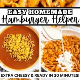 Homemade Hamburger Helper in a skillet and a serving in a bowl.