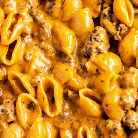 Up close view of cheeseburger pasta with tender pasta shells and ground beef in a cheesy cream sauce.