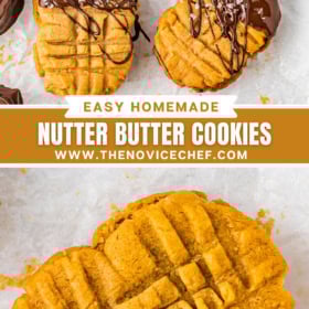 Nutter butter cookies dipped in chocolate and a. nutter butter cookie on parchment paper.