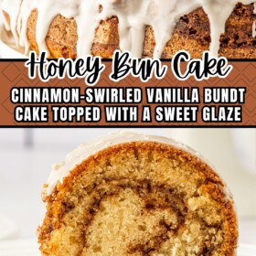 Honey bun cake being topped with icing and sliced on a plate.