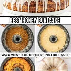 Honey bun cake being baked in a bundt pan, turned out and then coated in vanilla glaze.