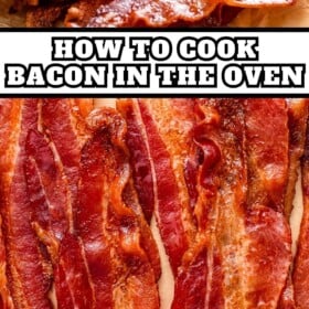 Crispy oven baked bacon arranged on parchment paper.