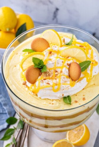 Overhead image of a lemon pudding trifle with cookies and lemon curd on top.
