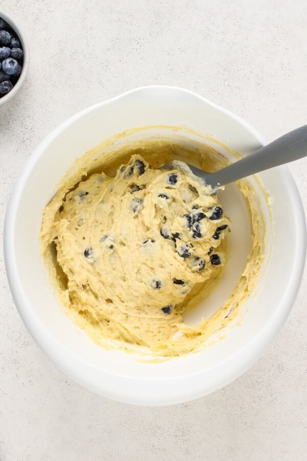 Blueberries are folded into Lime Blueberry Pound Cake batter.