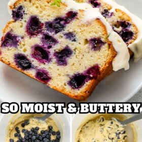 Blueberries and limes stirred into cream cheese pound cake batter and then baked into a loaf and sliced.