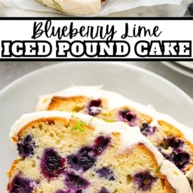 Slices of lime blueberry pound cake on a plate and a whole cream cheese pound cake being sliced into pieces on a parchment paper lined cutting board.