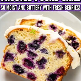 A slice of lime blueberry pound cake with a thick layer of cream cheese frosting on top.