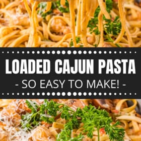 Cajun Pasta being scooped up with serving tongs and a bowl of pasta with parsley on top.