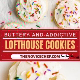 Frosted sugar cookies with sprinkles and a cookie broken in half.