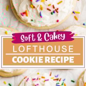 Frosted sugar cookies with sprinkles on top on parchment paper.