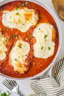 Chicken parmesan in the pan.