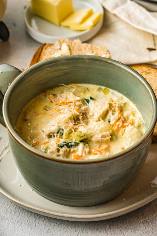 A bowl of chicken gnocchi soup.