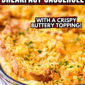 Overnight Breakfast Casserole with ham and a buttery and crispy cornflakes.