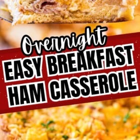 A slice of Overnight Ham Breakfast Casserole being lifted out of a casserole dish with a spatula and baked casserole with a crispy cornflake topping.