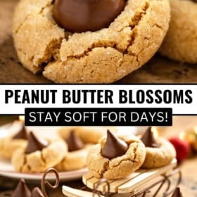 Close-up of peanut butter blossoms topped with chocolate kisses. The cookies are cracked and golden, with some placed on a small wooden sled.