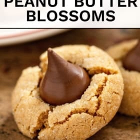 A close-up of a soft peanut butter blossom cookie with a chocolate kiss in the center.