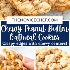 Peanut butter oatmeal cookies stacked on top of each other, cooling on a cookie cooling rack and broken in half.