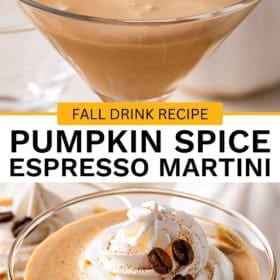 A creamy pumpkin espresso martini being poured into a glass, topped with whipped cream, coffee beans, and a dusting of spice.