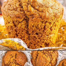 Pumpkin muffins on a cooling rack and a muffin with the liner removed on a plate.