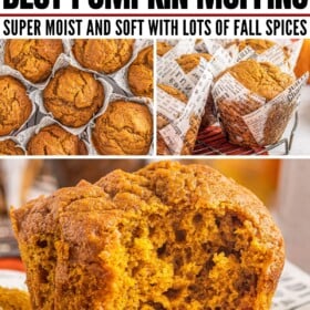 Pumpkin muffins in liners on a cooling rack and a muffin with the liner removed and a bite taken out of it.
