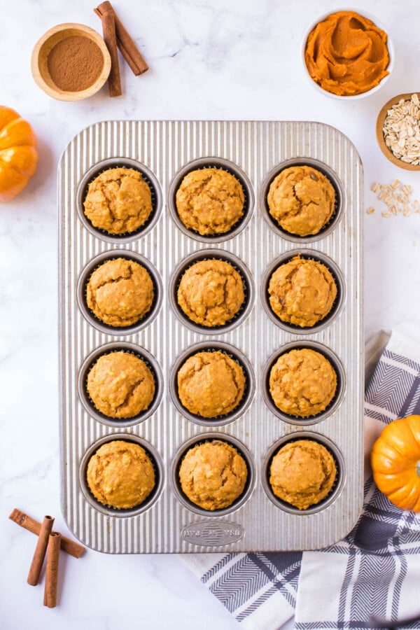 These Pumpkin Oatmeal Muffins are made easily in just one-bowl and are loaded with pumpkin flavor with a deliciously chewy consistency! Pumpkin oatmeal muffins in a muffin tin surrounded by cinnamon sticks, oats and ground cinnamon.