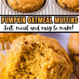 Pumpkin oatmeal muffins in a muffin tin and a muffin with a bite taken out of it.