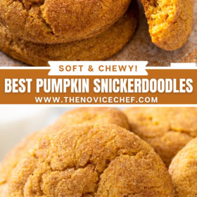 Up close image of pumpkin snickerdoodle cookies with a bite taken out of one and an image of the cracks in the top of a pumpkin snickerdoodle.