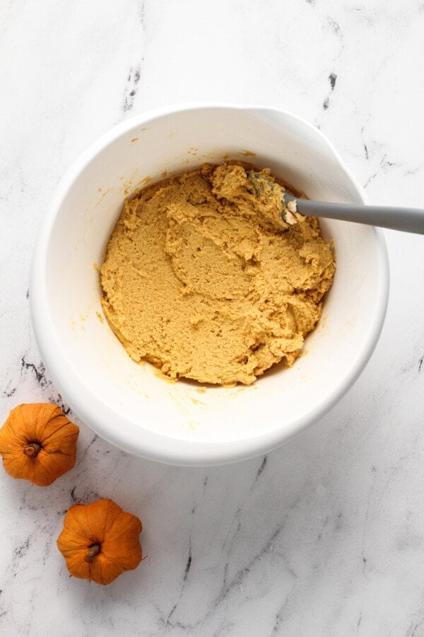 Pumpkin snickerdoodles, coated in sweet cinnamon sugar, are the perfect cookie recipe for fall! These easy pumpkin cookies are so addicting! Pumpkin snickerdoodle cookie dough in a bowl.