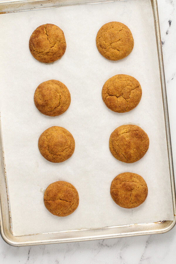 Pumpkin snickerdoodles, coated in sweet cinnamon sugar, are the perfect cookie recipe for fall! These easy pumpkin cookies are so addicting! Baked pumpkin snickerdoodles on a baking sheet.