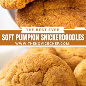 Up close image of pumpkin snickerdoodle cookies with a bite taken out of one and an image of the cracks in the top of a pumpkin snickerdoodle.