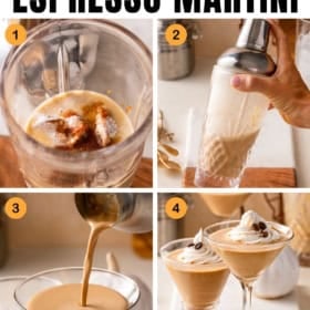 Four-step visual guide to making a pumpkin spice espresso martini: adding ingredients in a blender, shaking in a cocktail shaker, pouring into a martini glass, and serving two garnished cocktails.