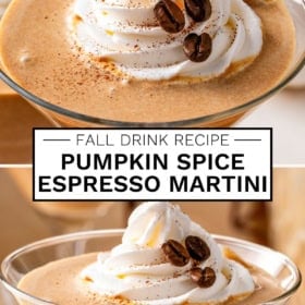 Two martini glasses filled with a creamy pumpkin spice espresso martini, topped with whipped cream, coffee beans, and a sprinkle of spice.