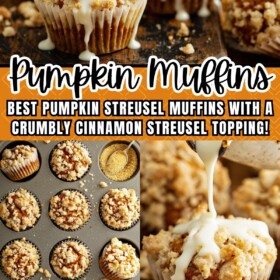 Pumpkin muffins with cinnamon crumb topping and muffin being drizzled with cream cheese icing.