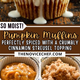 Pumpkin muffins being prepared and baked and drizzled with cream cheese icing.